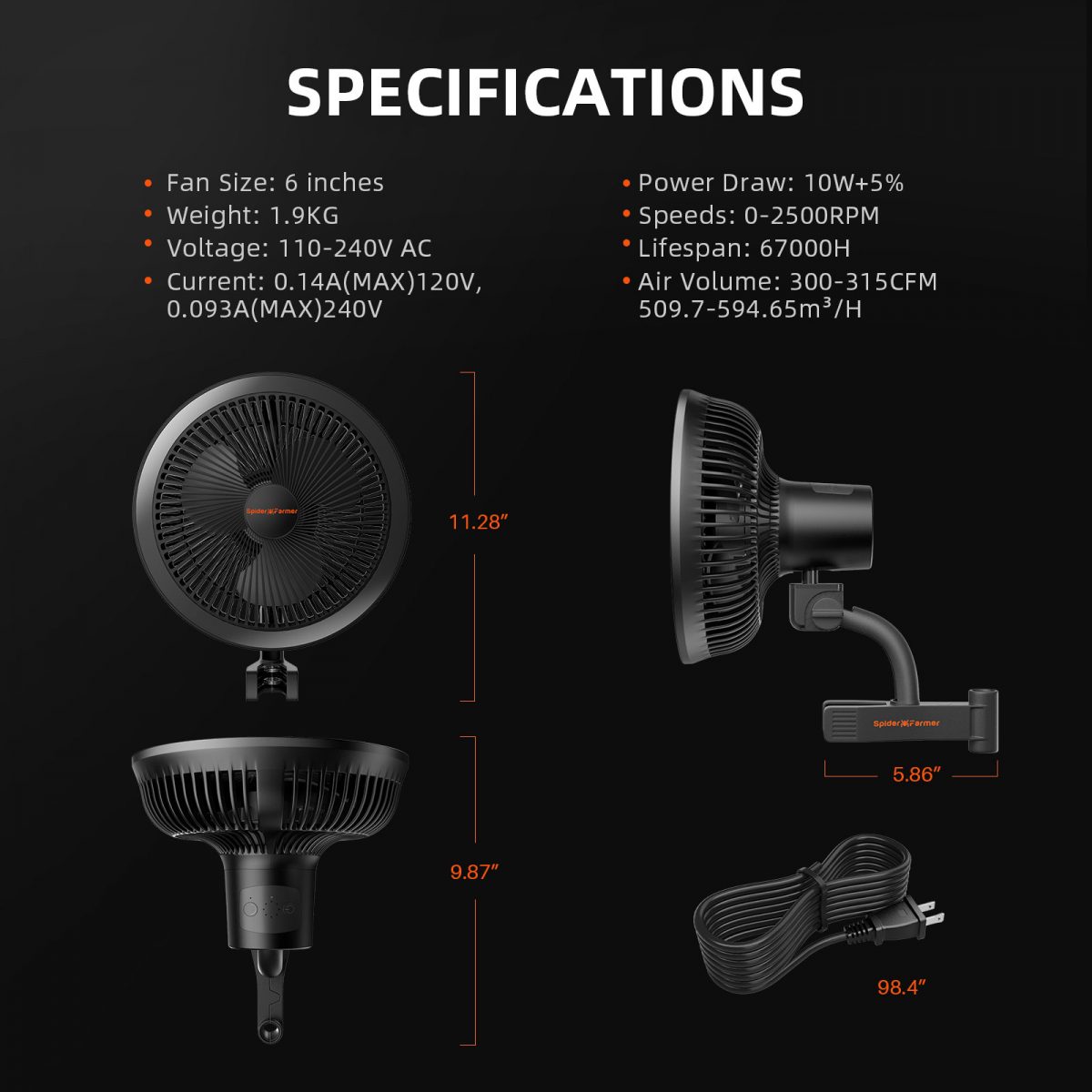 Spider Farmer clip fan specification diagram, detailing features and dimensions