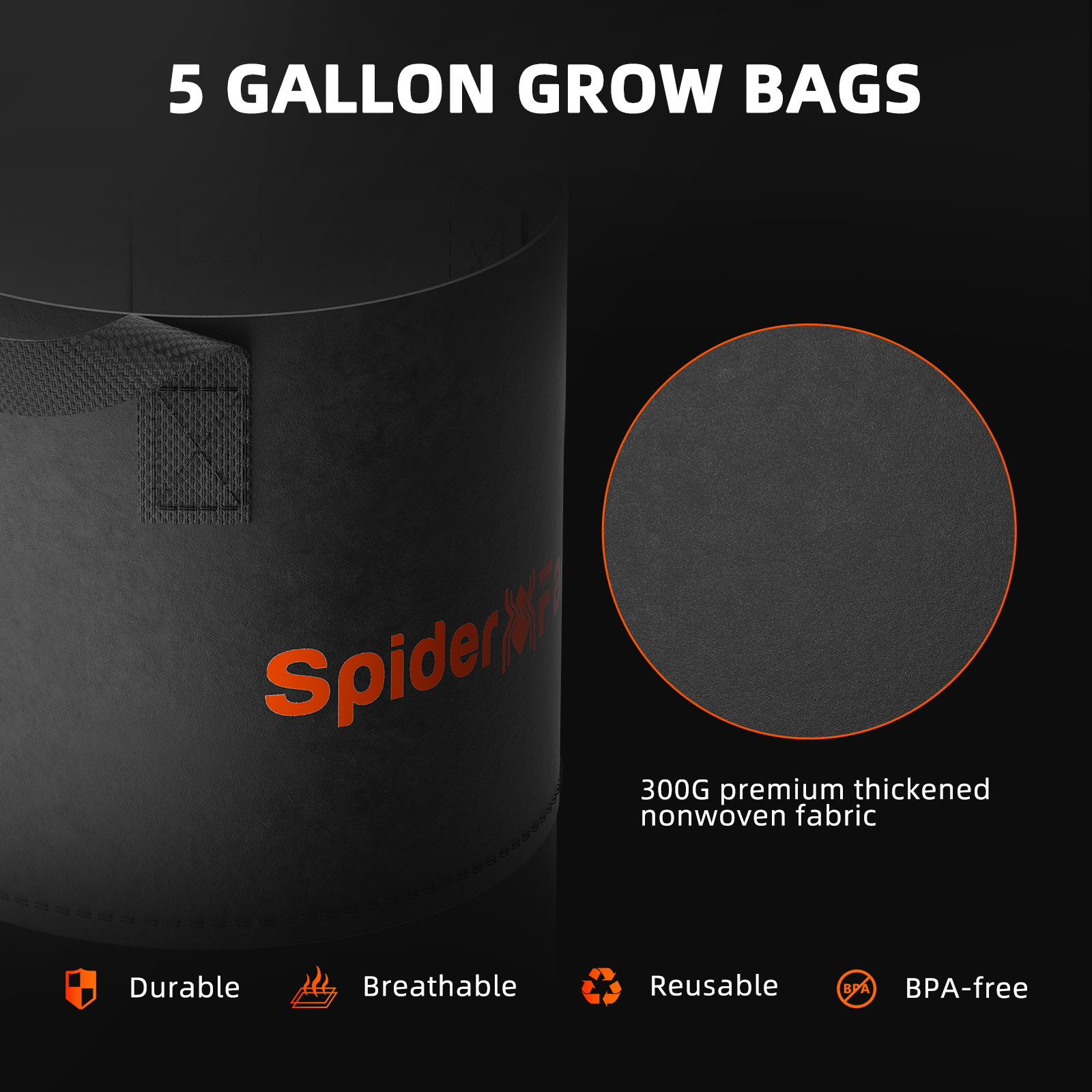 Pack of 5 - 5 Gallon Grow Bags - Spider Farmer