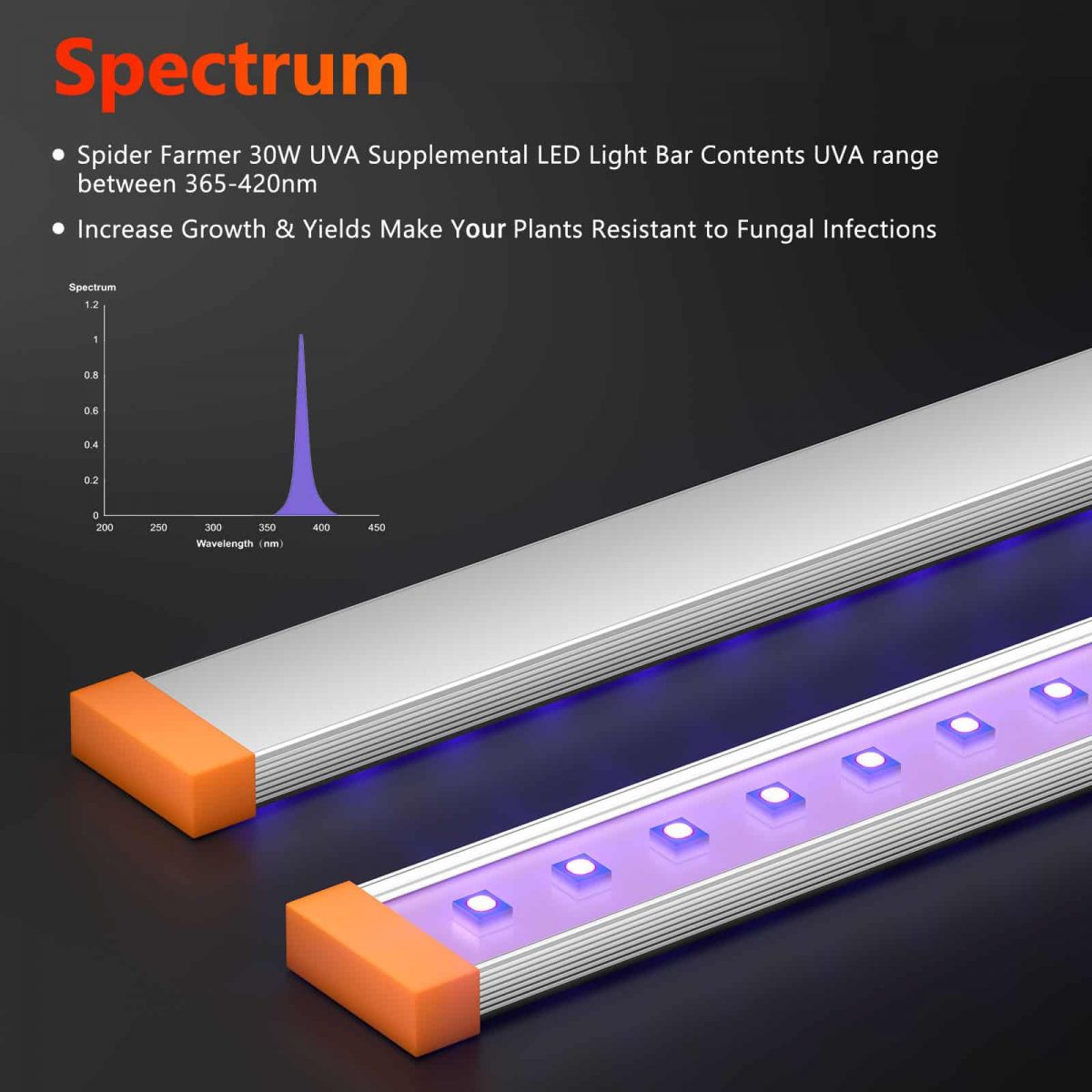 Spider Farmer 30W UV LED grow light bar, designed to provide ultraviolet light for optimal growth and health of indoor plants.